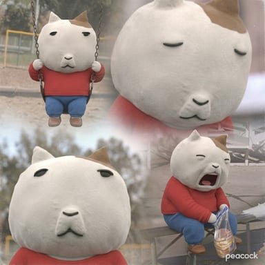 A collage of a crying cat mascot character in a red shirt and blue pants, shown on a swing and crying with a bottle.