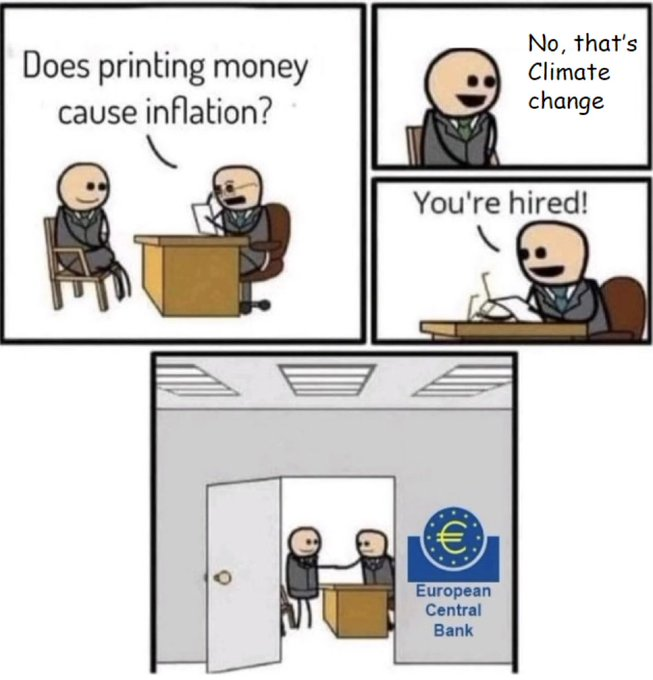 This comic depicts someone being hired by the European Central Bank for claiming climate change causes inflation, implying a "TRUE" connection between their flawed idea and their employment.