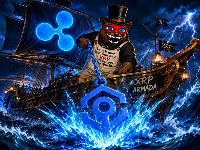 A digital artwork showing a menacing anthropomorphic bear in a top hat and apron on a pirate ship labeled 'XRP ARMADA', pulling a glowing XRP/Ripple logo from stormy seas with the tagline 'Laugh now, but one day XRP will power the World'.