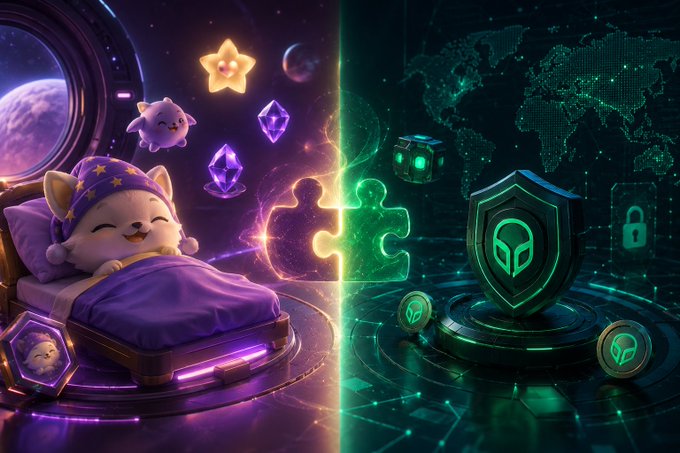A digital artwork split into two halves: the left side is a cozy, purple-toned scene with a sleeping cat and floating gems, while the right side is a green, tech-themed environment with a security shield.