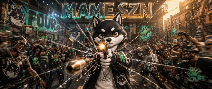 An AI-generated street art scene featuring an anthropomorphic black and white husky character holding a gun, with graffiti reading 'MAMESZN' and 'FOUR' in the background.