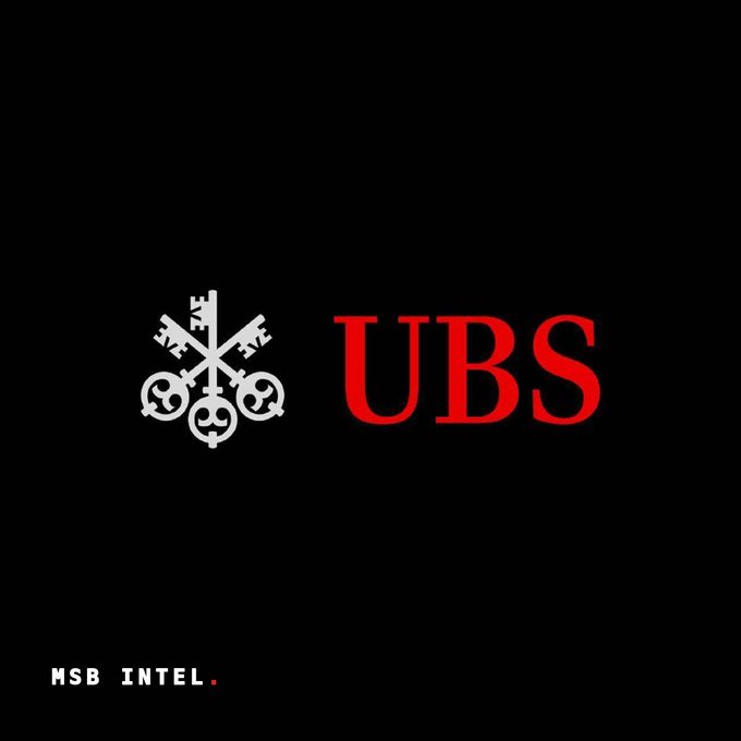 The image shows the UBS logo in white and red on a black background, with “MSB INTEL.” in the lower-left corner. It visually anchors the post about UBS chief strategist Bhanu Baweja warning that stock-margin pressure could pose risks for 2027.