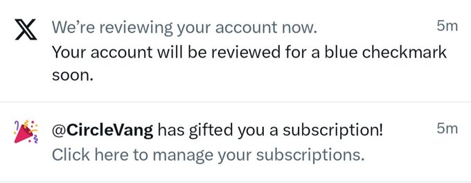 X (Twitter) notifications showing 'We're reviewing your account now. Your account will be reviewed for a blue checkmark soon' and '@CircleVang has gifted you a subscription!'