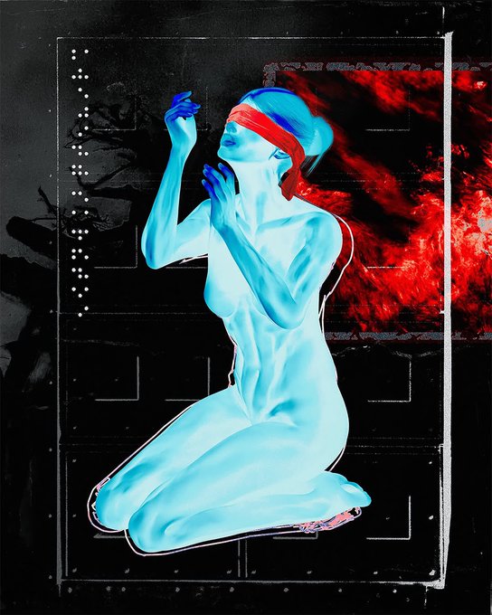 The image features a woman depicted kneeling down with her hands raised, wearing a red bandana around her face. She appears to be praying or meditating as she kneels before a black background that includes a white frame. The image also contains text that reads "Gm Fam."