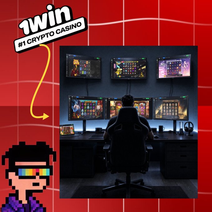 A promotional graphic for '1win #1 CRYPTO CASINO' features a pixel-art character pointing to a photo of a person sitting at a multi-monitor gaming setup displaying various casino slot games.