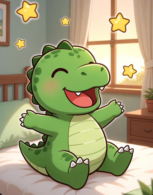 The image features a cartoon green dinosaur sitting on top of a bed with its arms raised up in the air, giving off a happy vibe. The room has white walls and a window that allows natural light to enter. There are also stars scattered throughout the scene, adding a whimsical touch to the overall atmosphere. The post suggests that setting a consistent sleep schedule can lead to better sleep quality and improved well-being.