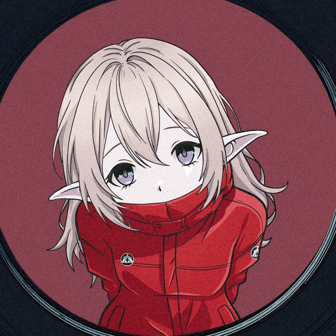 An anime-style illustration of a character with pointed elf-like ears, pale skin, and light hair, wearing a red high-collar jacket, framed within a circular border against a dark red background.