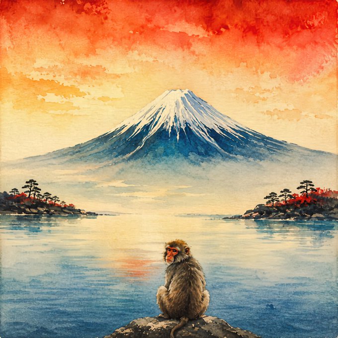 A Japanese macaque sits at the water's edge, gazing across the reflective lake toward the snow-capped peak of Mount Fuji beneath a warm, fiery sunset sky.