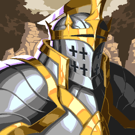 A digital illustration of an armored knight wearing a closed helmet with a cross-shaped visor, set against a cloudy sky background.