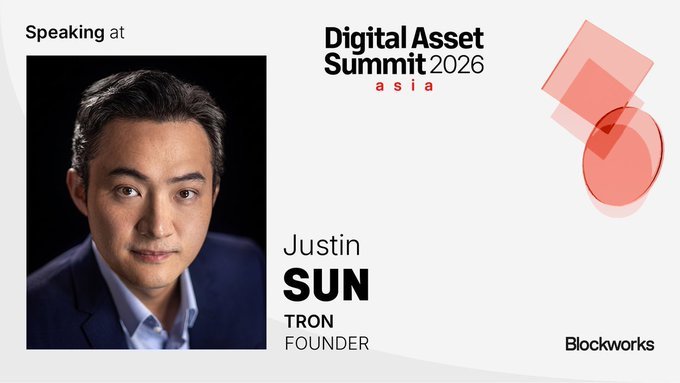 A promotional graphic for Digital Asset Summit Asia 2026 features a portrait of Justin Sun, identified as "TRON FOUNDER," under the heading "Speaking at." The image ties to the post's narrative by visually confirming Sun's scheduled appearance at the Singapore-based event, supporting the claim that TRON's presence at the summit carries strategic significance rather than being merely ceremonial.