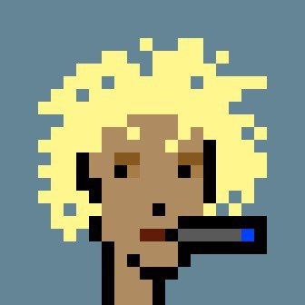 Pixel art portrait of a person with curly blonde hair and a pixelated gun against a blue background.