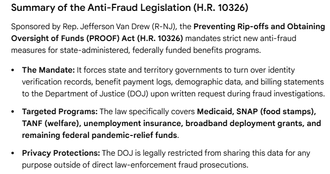 A summary of the Anti-Fraud Legislation (H.R. 10326) 'PROOF Act' sponsored by Rep. Jefferson Van Drew detailing the mandate, targeted programs, and privacy protections.