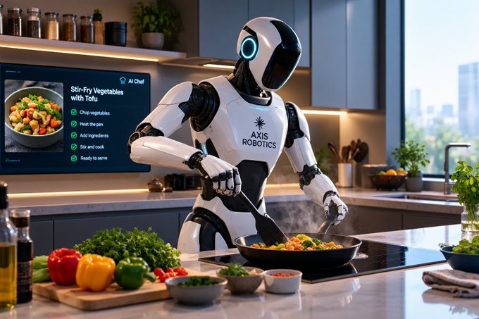 A futuristic white humanoid robot branded "AXIS ROBOTICS" cooking stir-fried vegetables in a modern kitchen, with a digital screen displaying the recipe steps.