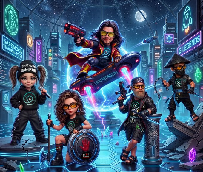 The image depicts a neon‑lit cyber‑punk city where SafeMoon characters—a “SafeMoon Gangster” girl, a “Stop Hodl” heroine with a shield, and other avatars—ride a glowing SafeMoon hoverboard past signs reading “SAFEMOON TRADING POST,” “B,” “DOGE,” and “G LEGENDS.” It visualizes the fun, community‑driven “SafeMoon DNA” space highlighted in the post.