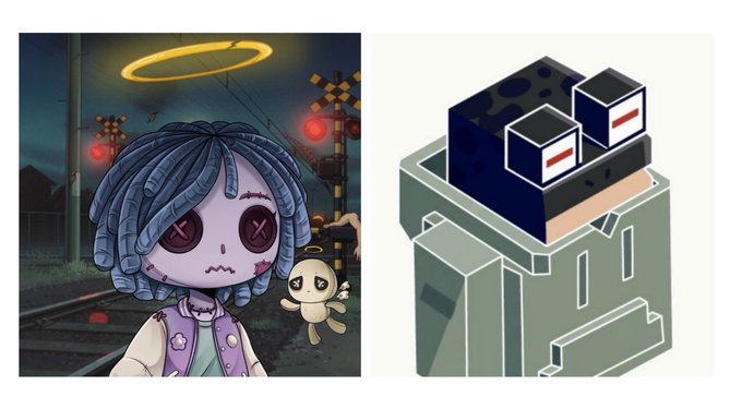 The image features a split composition: on the left, a stylized purple-skinned doll character with X-shaped eyes and a halo, holding a small companion against a moody nighttime backdrop with red signals; on the right, an isometric illustration of a black blocky cat-like figure on a geometric pedestal. This visually represents the two NFT projects mentioned in the post—Doll Club (the doll-themed artwork) and Play Bandits (the blocky cat character)—both being minted today, with supplies of 3,333 and 10,000 respectively.