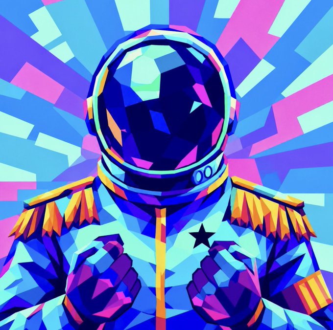 A vibrant, geometric digital illustration of an astronaut in a blue spacesuit with gold epaulettes, a star on the chest, and a reflective visor, set against a colorful radiating background. The bold pop-art style aligns with the post's enthusiastic praise for Gary Vaynerchuk's Veefriends, capturing the iconic, energetic aesthetic of the brand.