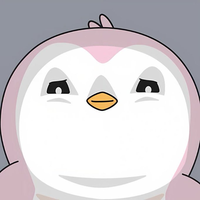 A cartoon-style illustration of a round penguin-like character with a white face, pink cheeks, and an orange beak against a gray background.