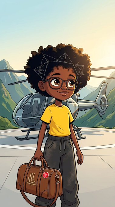 A cartoon illustration shows a young Black child with curly hair and glasses standing on a helipad holding a brown duffel bag, with a helicopter and mountains in the background.