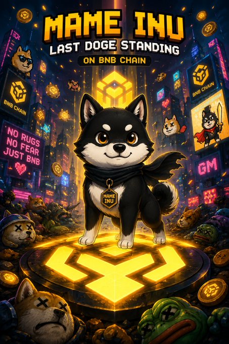 A vibrant meme-style poster titled 'MAME INU: LAST DOGE STANDING ON BNB CHAIN' featuring a cartoon black and white dog with a 'MAME INU' tag in a futuristic city setting.