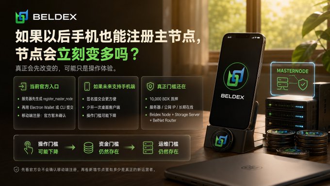 A Chinese promotional graphic for the Beldex (BDX) cryptocurrency asking 'If phones could register masternodes in the future, would nodes increase immediately?', detailing technical and economic thresholds.