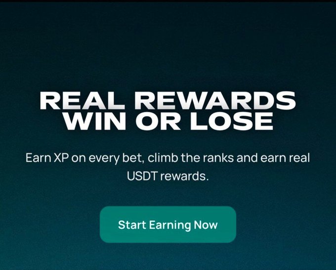 A dark teal promotional banner with white text reading 'REAL REWARDS WIN OR LOSE' and 'Earn XP on every bet, climb the ranks and earn real USDT rewards,' with a green 'Start Earning Now' button.
