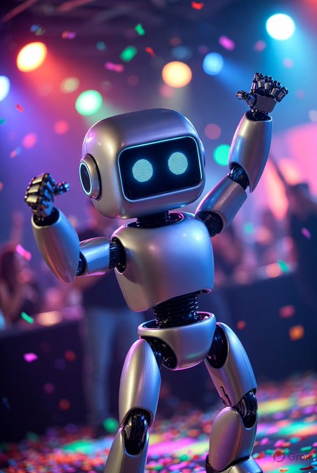 A cheerful silver robot with glowing eyes raises its arms amid falling confetti at a vibrant, colorful party. The festive scene mirrors the celebratory excitement of an upcoming live stream about the new bull season in crypto, where Bitcoin and Ethereum will take center stage alongside the community's lively discussion.