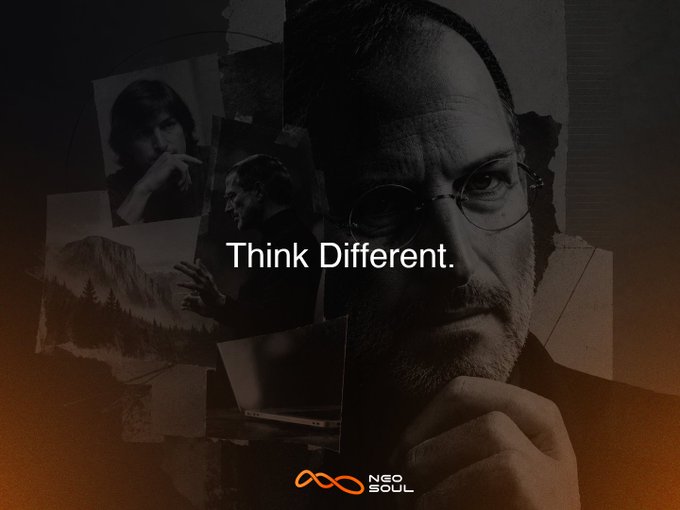 The image shows a black-and-white collage featuring Steve Jobs alongside smaller photos of other tech icons, with the iconic text "Think Different." overlaid, and a "NeoSoul" logo at the bottom. The composition pays homage to Apple's legendary "Think Different" campaign while recruiting tech talent, invoking the visionary spirit of Steve Jobs to inspire Rust, Indexer, MEV, Frontend, and Backend developers to join the NeoSoul team.