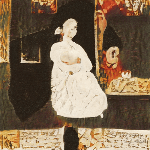 An artwork depicting a figure in a white dress and bonnet standing centrally against a dark, textured background with faces and abstract forms, resembling a mixed-media or expressionist painting.