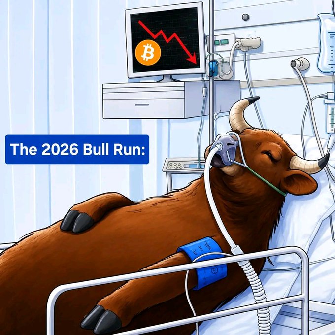 A cartoon illustration showing a sick bull in a hospital bed with an oxygen mask, while a monitor displays a Bitcoin symbol with a red downward arrow; text reads 'The 2026 Bull Run:'.