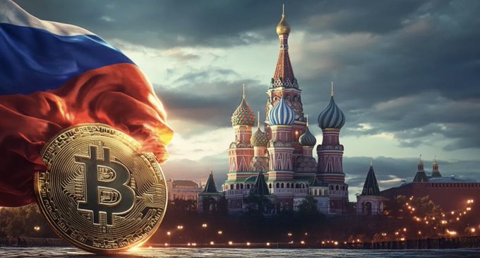 A composite image showing the Russian flag and a gold Bitcoin coin alongside Saint Basil's Cathedral in Moscow at dusk.