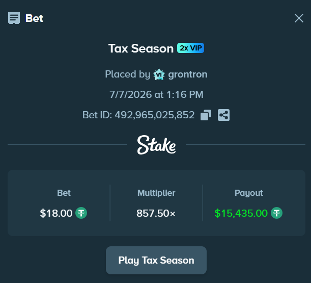 A Stake betting receipt showing a Tax Season game win, where user "grontron" placed an $18.00 bet on 7/7/2026 at 1:16 PM, hitting an 857.50x multiplier for a $15,435.00 payout (Bet ID: 492,965,025,852), supporting the post celebrating the end of a losing streak and inviting others to share their Stake IDs.