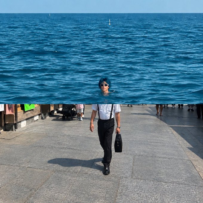 The image uses surreal optical illusion—showing a person's upper body replaced by ocean water—to symbolize being "drowned" or wiped out, mirroring the post's theme about losing money by selling HYPE too early and watching it pump after the Binance listing.