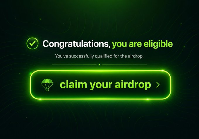 A glowing green interface displays "Congratulations, you are eligible" with the subtext "You've successfully qualified for the airdrop," featuring a prominent "claim your airdrop" button alongside a parachute icon. The image represents a successful airdrop qualification, likely tied to a testnet farming project such as DAC Network mentioned in the accompanying post about testnet farming lists.