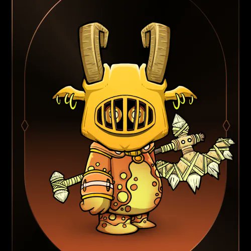 Cartoon illustration of a small character in a yellow deer/antlered hood with a barred visor, holding a stone axe, wearing an orange patterned tunic against a dark background.