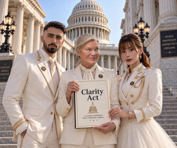 Three individuals in ornate cream-colored suits stand before the U.S. Capitol holding a framed document titled "Clarity Act: A Clearer Tomorrow for a Stronger America," symbolizing the legislative failure referenced in the post about the bill losing 49–50 votes and falling short of the required 60 due to 11 missing senators. The patriotic staging emphasizes the post's call for Pi pioneers and Americans to mobilize support for the stalled legislation.