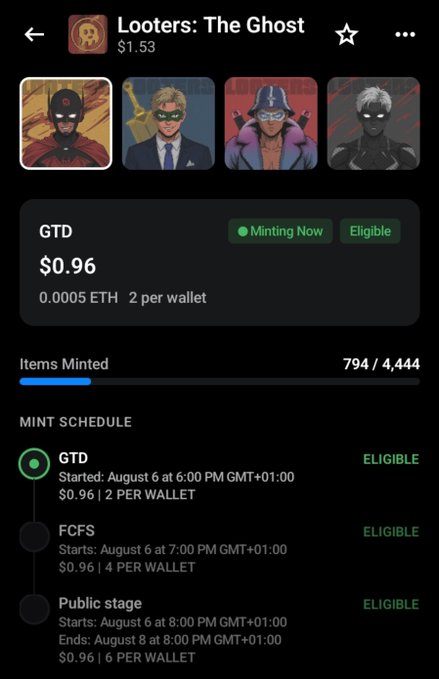Mobile app screenshot showing an NFT minting page for 'Looters: The Ghost' collection priced at $1.53, with details showing GTD pricing at $0.96, 794/4,444 items minted, and a mint schedule including GTD, FCFS, and Public stages.