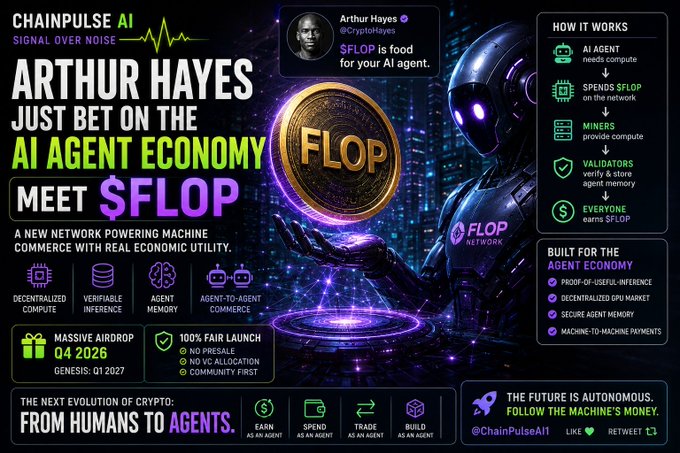 A promotional graphic for 'CHAINPULSE AI' featuring Arthur Hayes, promoting '$FLOP NETWORK' with text like 'ARTHUR HAYES JUST BET ON THE AI AGENT ECONOMY' and 'MEET $FLOP', explaining a decentralized compute network and airdrop details for Q4 2026.