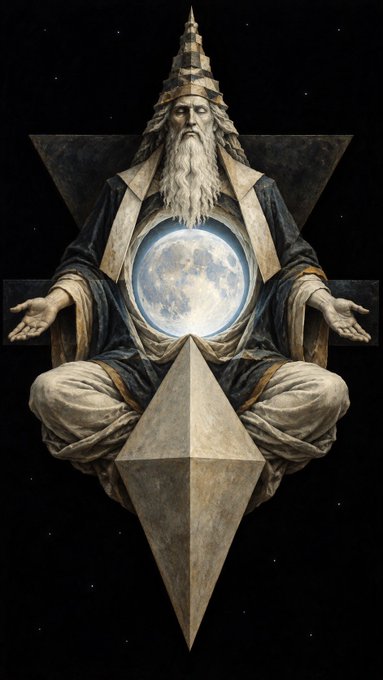 A surreal artwork depicting a bearded, meditating figure in a tall hat holding a glowing moon, seated against a geometric star shape with an octahedron below.