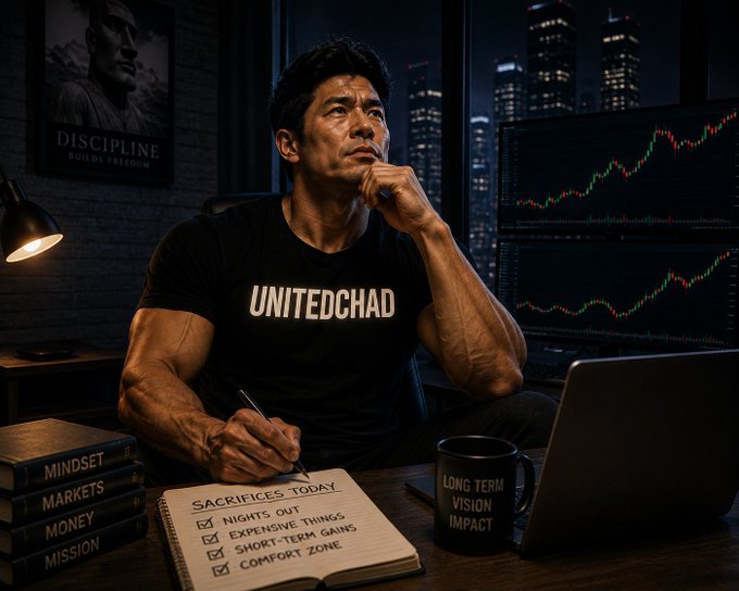 A muscular man wearing a "UNITEDCHAD" t-shirt sits at a desk writing in a notebook titled "SACRIFICES TODAY" with checkmarked items like "NIGHTS OUT" and "COMFORT ZONE," surrounded by trading charts, a "DISCIPLINE BUILDS FREEDOM" poster, and books labeled "MINDSET," "MARKETS," "MONEY," "MISSION."
