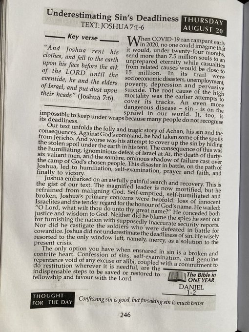 A page from a devotional book titled "Underestimating Sin's Deadliness" with key verse Joshua 7:1-6, dated Thursday August 20, drawing a parallel between Achan's sin and the COVID-19 pandemic of 2020.