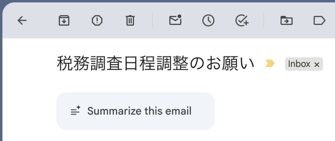 An email inbox displays a message titled "税務調査日程調整のお願い" (Request for Tax Investigation Schedule Adjustment) in the Inbox, with an AI prompt below offering to "Summarize this email." The image visually represents a tax investigation scheduling request that ties to the post's humorous Q&A skit, where someone casually mentions a dinner with "Donald in Washington" and is asked to print out their entire Solana transaction history on paper—fittingly, a tax-related email appearing in one's inbox.