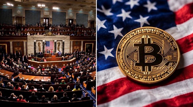A split image showing the U.S. Congress chamber on the left and a gold Bitcoin coin on an American flag on the right.