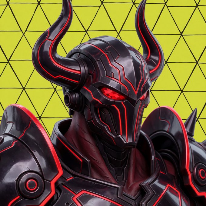 A detailed 3D render of a menacing armored character with black and red plating and large curved horns, set against a bright yellow geometric background.