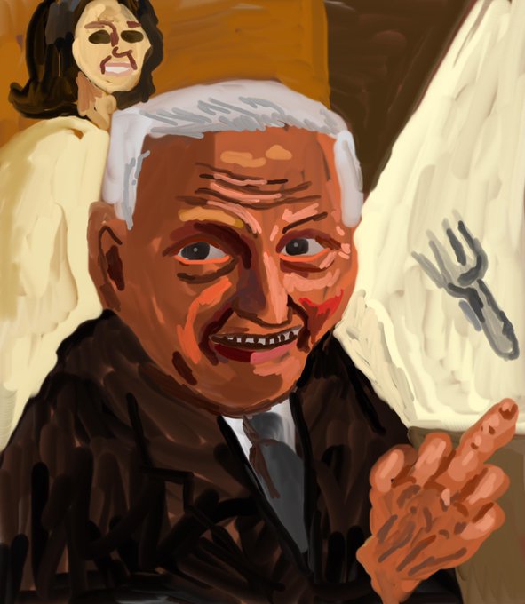 A painted portrait of an elderly man with white hair in a dark robe, smiling broadly, with an angel figure and a white wing marked with a 'W' behind him.