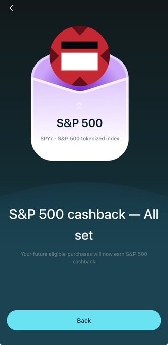 A mobile app screen displaying an envelope with a red seal containing 'S&P 500', labeled 'SPYx - S&P 500 tokenized index' and 'S&P 500 cashback — All set' with a 'Back' button.