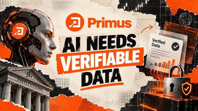 A promotional banner for 'Primus' declaring 'AI NEEDS VERIFIABLE DATA,' featuring a robotic AI head, classical institution pillars, a verified data document, and a security padlock.
