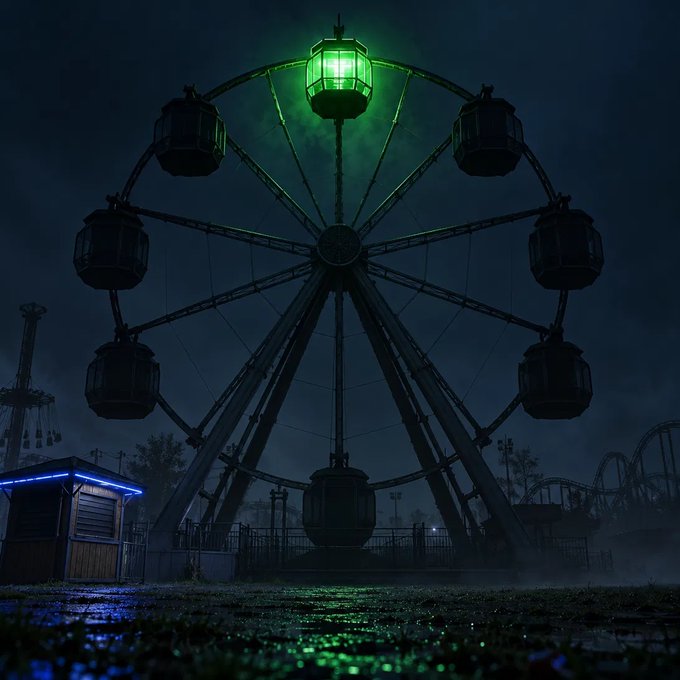 A Ferris wheel stands eerily illuminated in a green glow against a dark, foggy night at an abandoned amusement park, with a solitary ticket booth glowing blue nearby. The foreboding scene perfectly embodies the ominous warning, "There will be signs," as the Ferris wheel itself resembles a looming sign pointing to impending trouble.