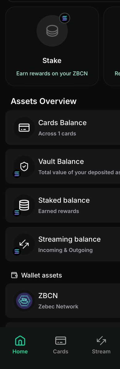In this image, the screen displays an Assets Overview of earning rewards on ZBCN (Zebec Network) cryptocurrency, highlighting an easy-to-read balance sheet divided into sections such as Cards Balance, Vault Balance, Staked Balance, Streaming Balance and Wallet assets, narrating how the user has been impressed with the service provided by @Zebec_HQ and uses it for long-term passive income.