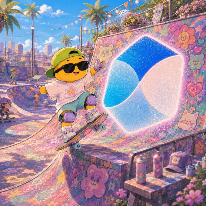 A yellow smiley-face character in a green cap and sunglasses grinds a skateboard on a vibrantly graffitied halfpipe, spray can in hand, mirroring the post's vibe of confidently nailing technical tricks by locking in known borrowing costs with TermMaxFi.