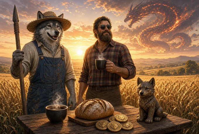 A fantasy illustration featuring an anthropomorphic wolf farmer holding a spear, standing next to a bearded man holding a mug, a wolf pup, bread, and gold coins, with a fiery dragon in the sunset sky.